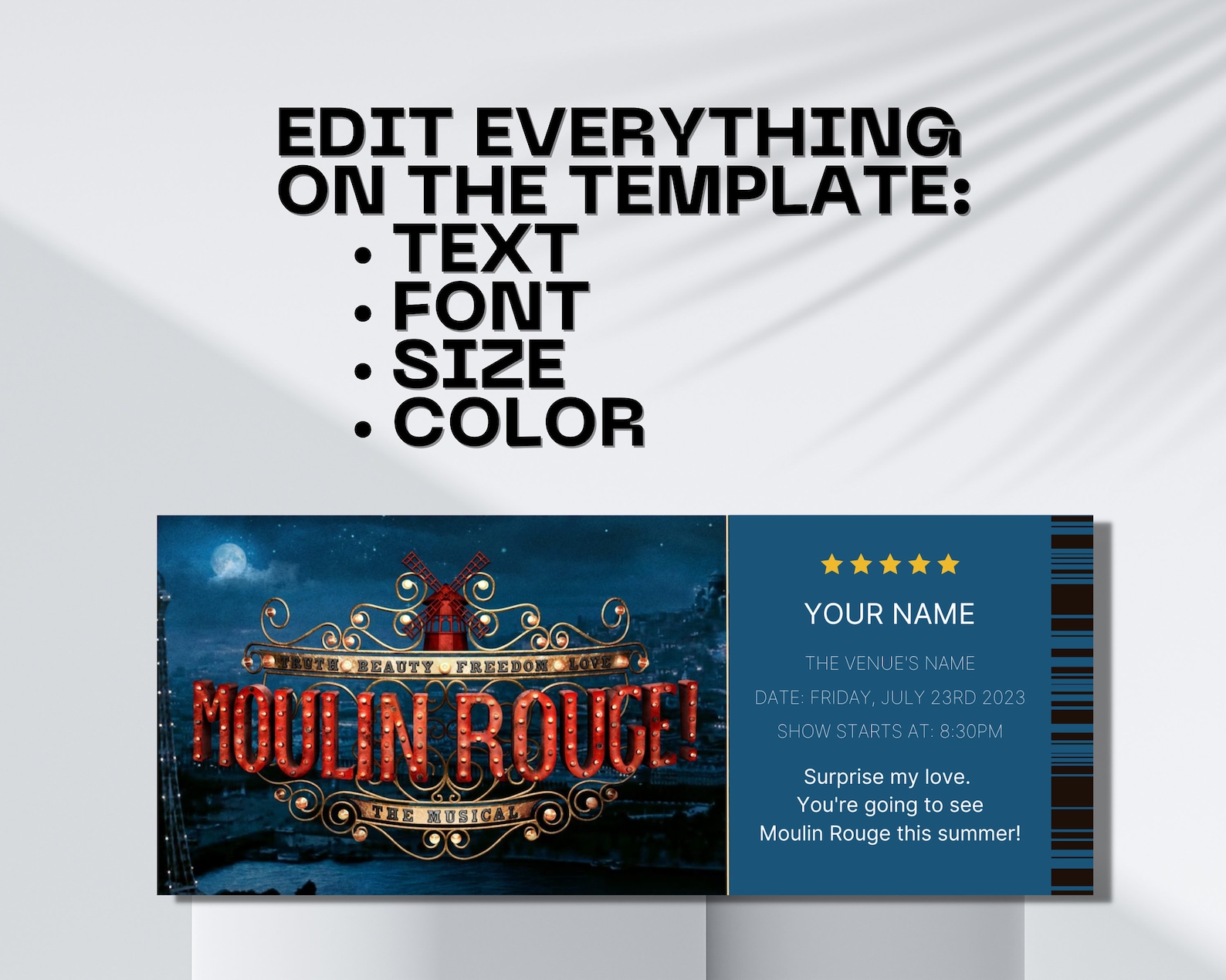 Editable MOULIN ROUGE Ticket, Surprise Musical Theater Ticket, Moulin Rouge Broadway Musical