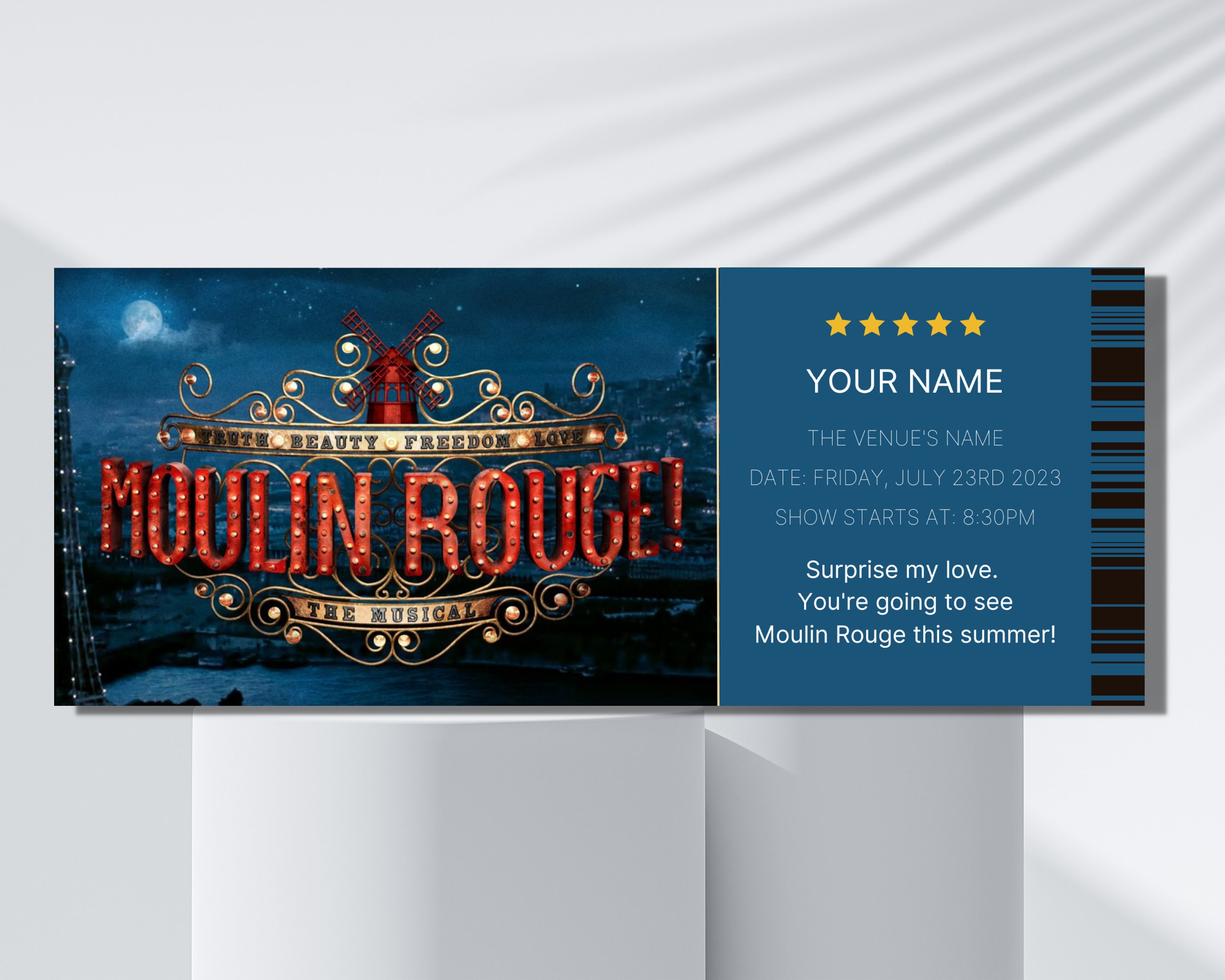 Editable MOULIN ROUGE Ticket, Surprise Musical Theater Ticket, Moulin Rouge Broadway Musical
