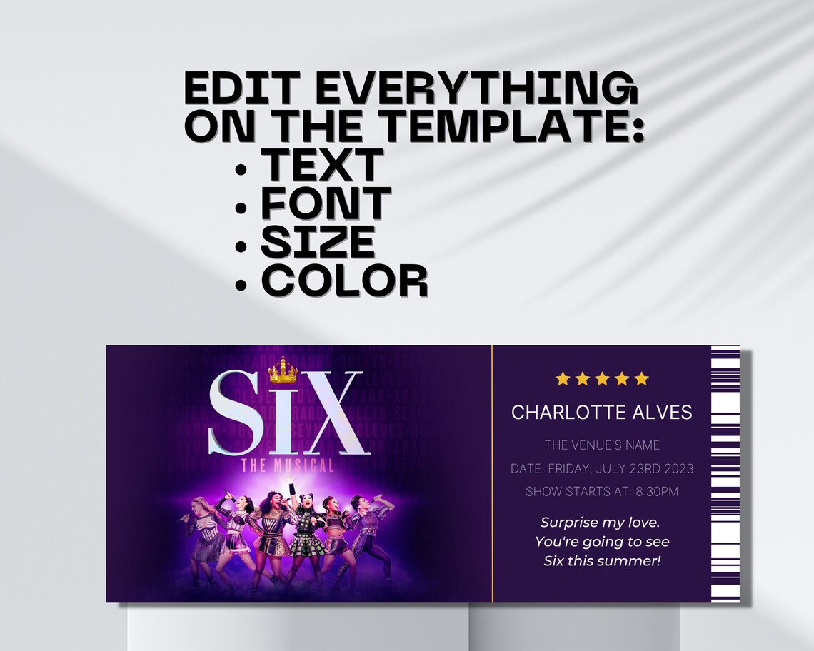 Editable SIX Broadway Ticket, Six the Musical Ticket, Canva Template