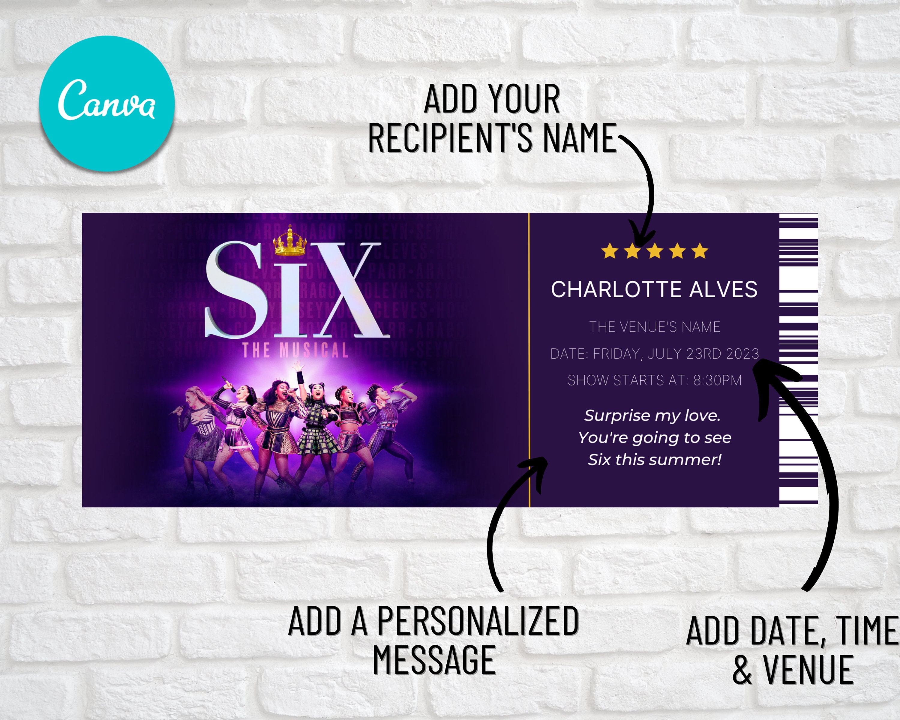 Editable SIX Broadway Ticket, Six the Musical Ticket, Canva Template