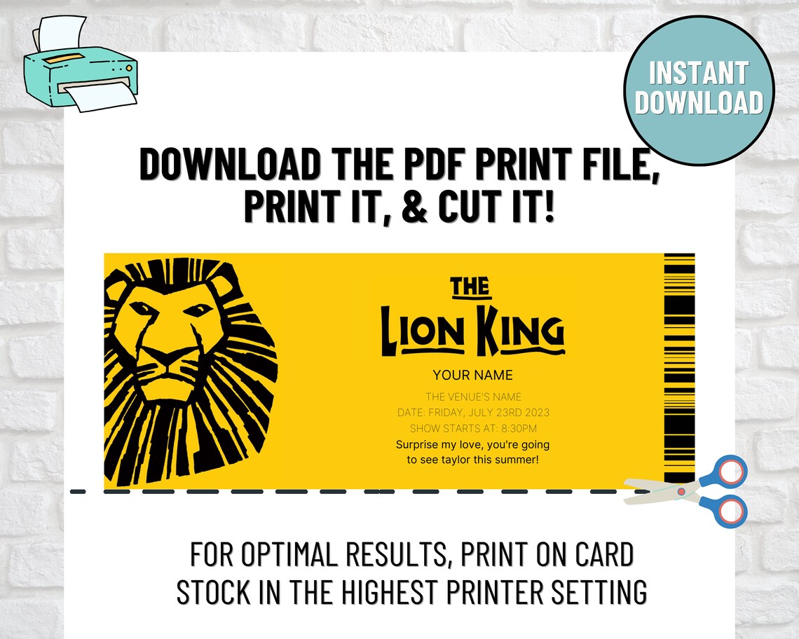 The LION KING Ticket, Editable Musical Ticket, Custom Faux Event