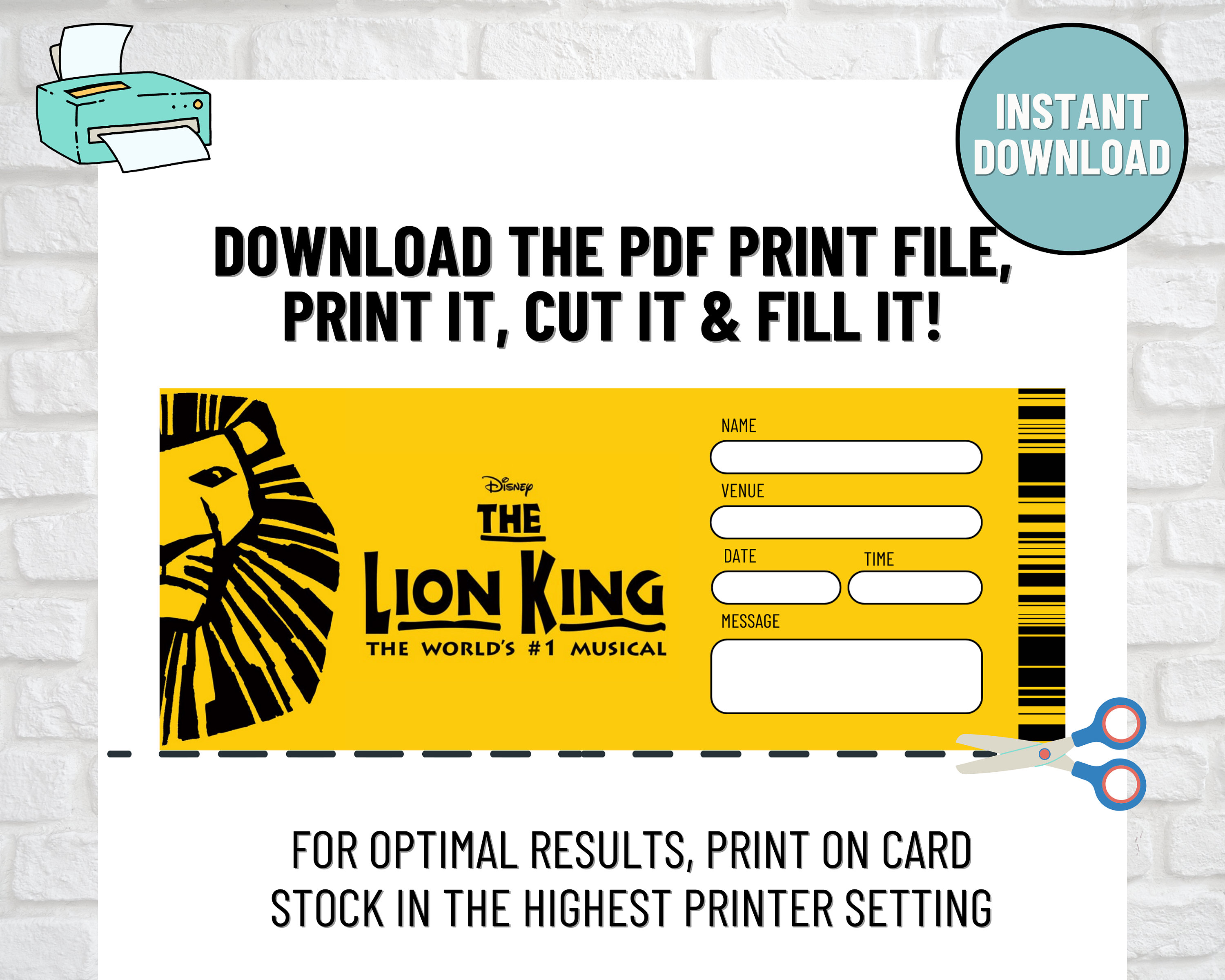 The LION KING Ticket, Editable Musical Ticket, Custom Faux Event