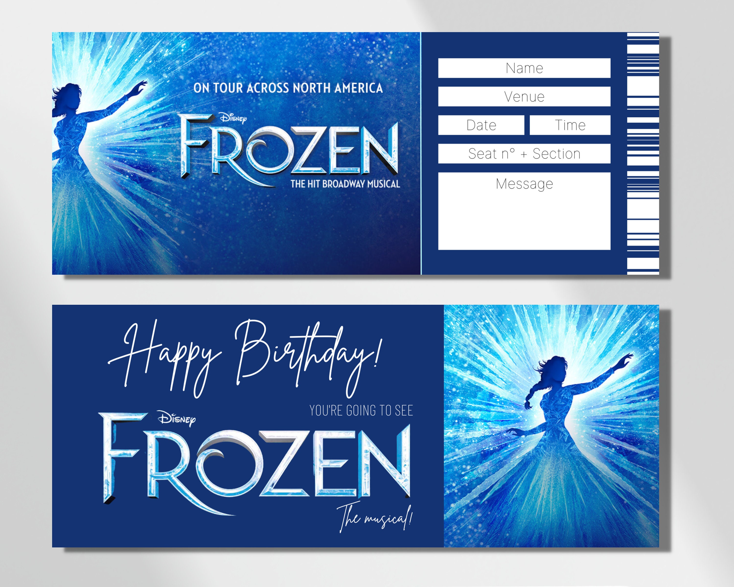 Druckbare FROZEN Broadway Surprise Ticket Faux Event Eintritt Canva Vorlage Sofort Download Last Minute Musical Theater Geschenk bearbeitbar