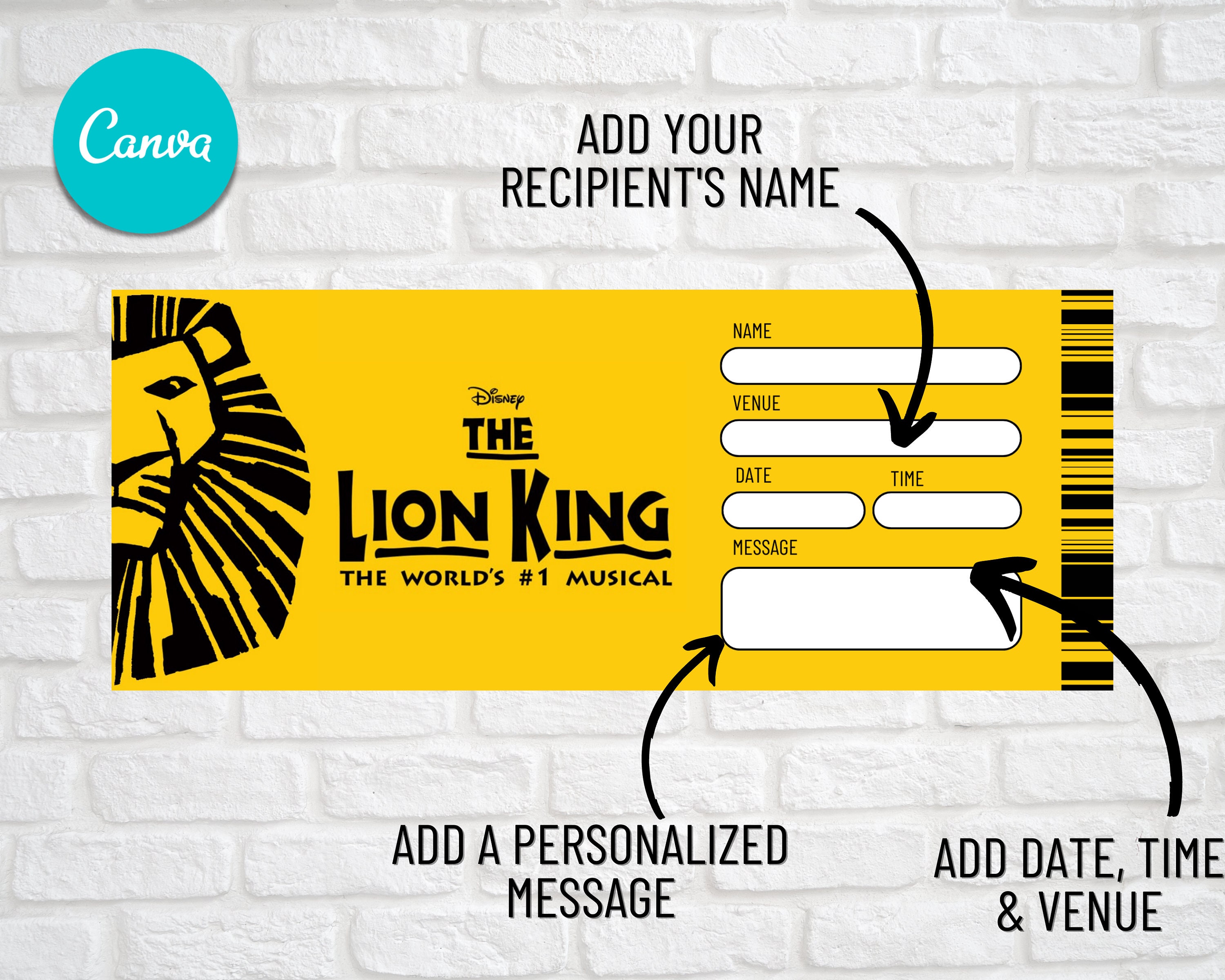 The LION KING Ticket, Editable Musical Ticket, Custom Faux Event Admission, Instant Download