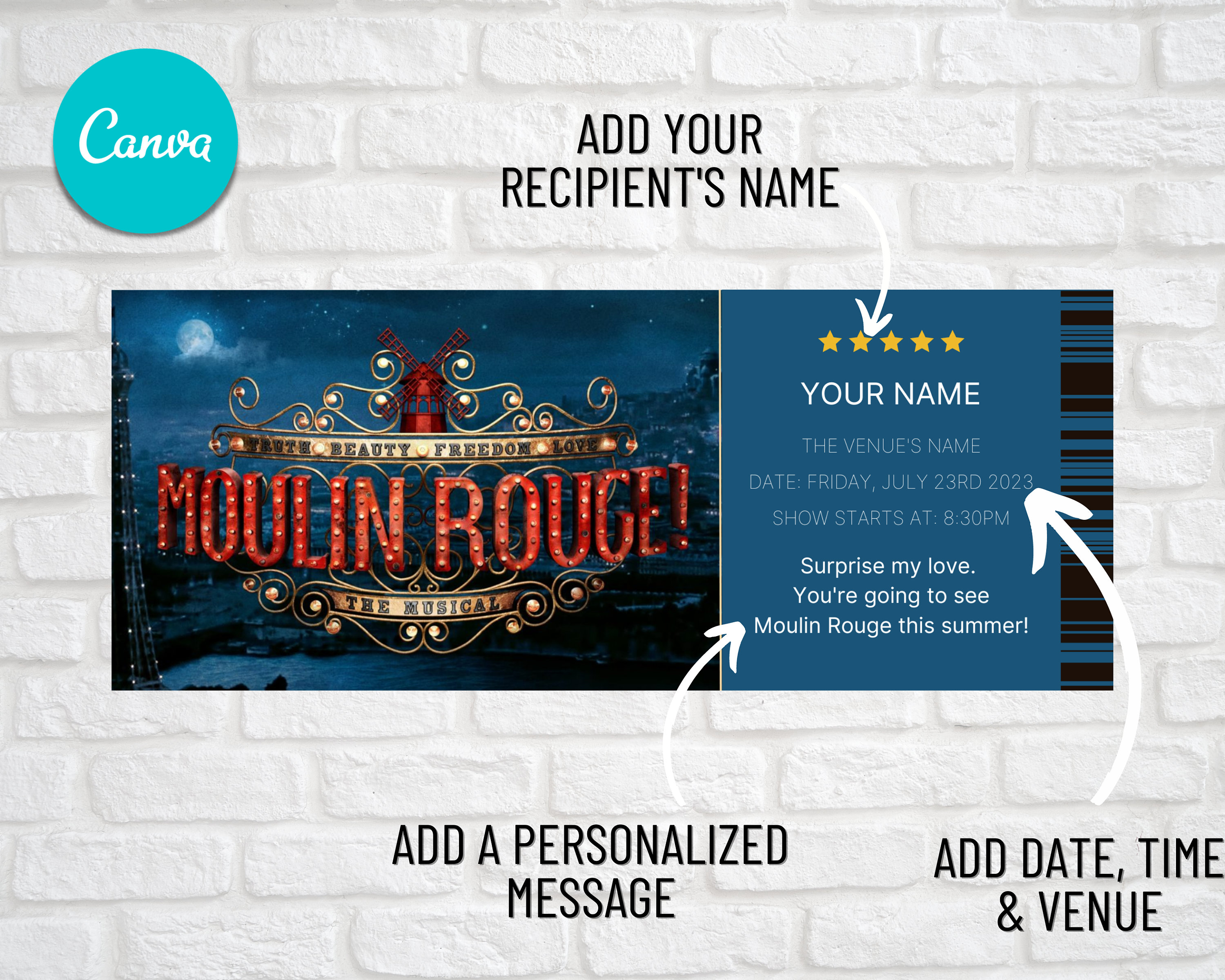 Editable MOULIN ROUGE Ticket, Surprise Musical Theater Ticket, Moulin Rouge Broadway Musical