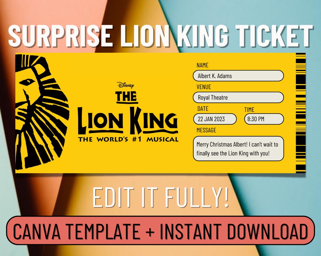 The LION KING Ticket for a Surprise, Editable Musical Ticket, Custom