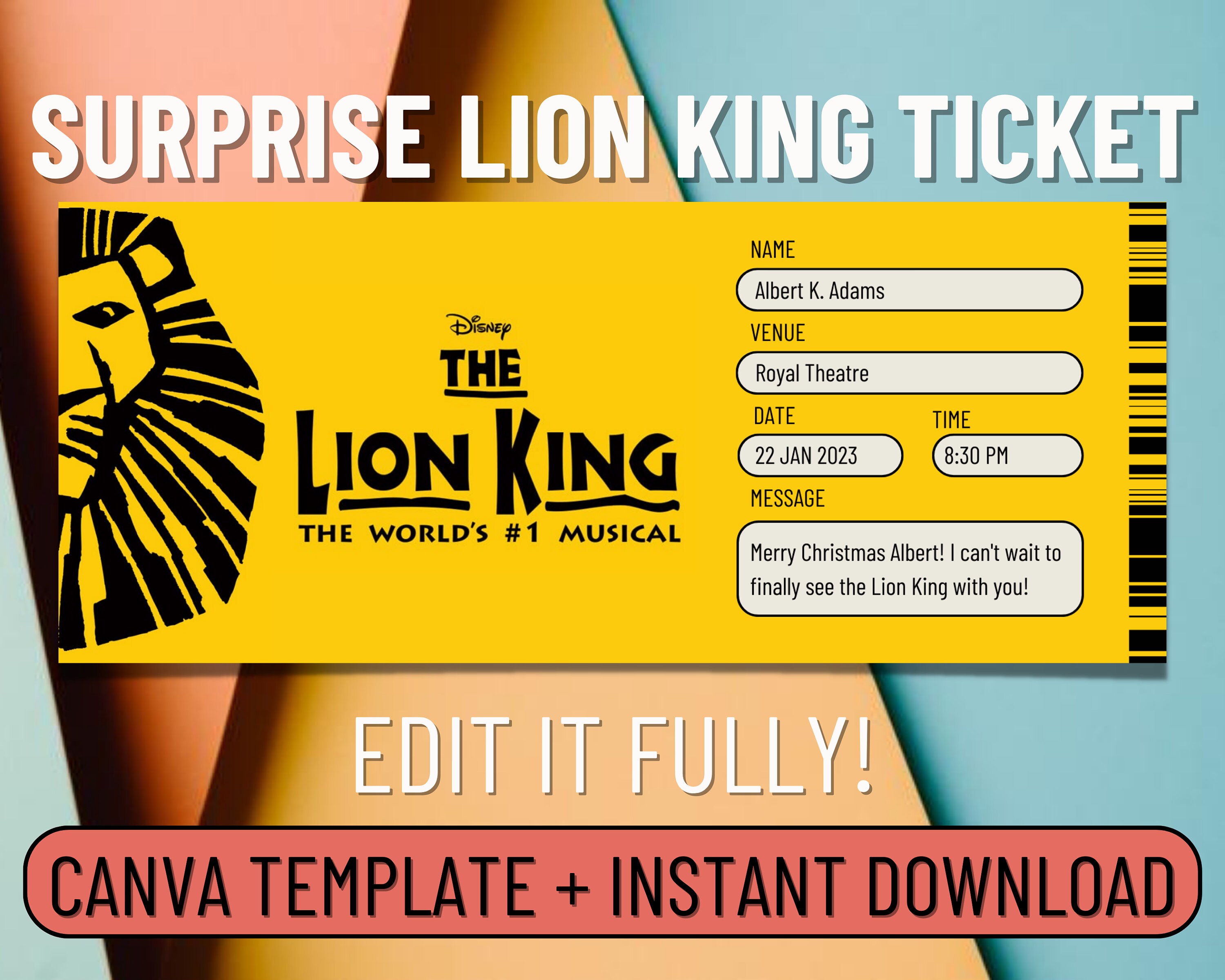 The LION KING Ticket for a Surprise, Editable Musical Ticket, Custom