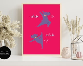 Lámina artística de perro yoga: posturas divertidas de perro, decoración alegre para habitación infantil (descarga digital)