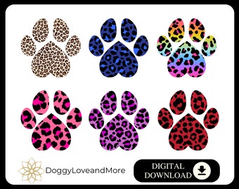 May include: Six colorful paw print designs with leopard print patterns. The paw prints are in various colors, including brown, blue, rainbow, pink, purple, and red. The image includes the text "DoggyLoveandMore" and "DIGITAL DOWNLOAD".