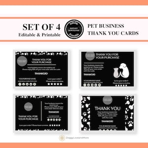 Cartões de agradecimento preto e branco para empresas de animais de estimação, modelo canva editável, conjunto de 4 cartões de desconto para inserção de embalagem, cartões de fidelidade empresariais