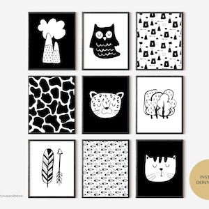 Art imprimable noir et blanc à contraste élevé, lot de 9 cartes stimulantes pour bébé, décoration pour chambre de bébé, art mural en téléchargement numérique pour enfants