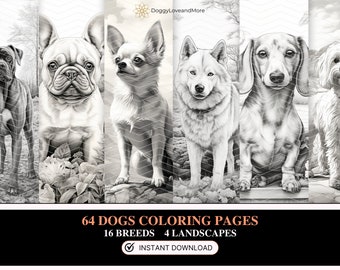 Dibujos para colorear de razas de perros: Ilustraciones en escala de grises (PDF imprimible)