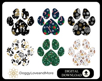 May include: Six digital paw print designs in various Christmas themes. The designs include a black and white paw print with a winter village scene, a blue and red paw print with candy canes and holly, a black and gold paw print with snowflakes and ornaments, a black and white paw print with holly and berries, a green and red paw print with holly and berries, and a white and gold paw print with ornaments and stars.