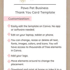 EDITABLE Paws Pet Business Thank You Cards Canva Template Customer ...