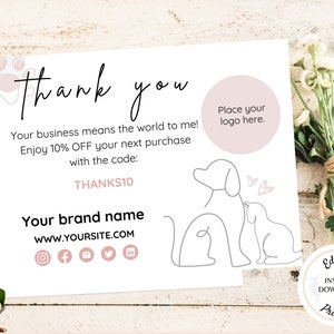 Cartões de agradecimento minimalistas para empresas de animais de estimação EDITAR e IMPRIMIR Modelo Canva Embalagem do cliente Inserir cartão de desconto Cartões de fidelidade para pequenas empresas