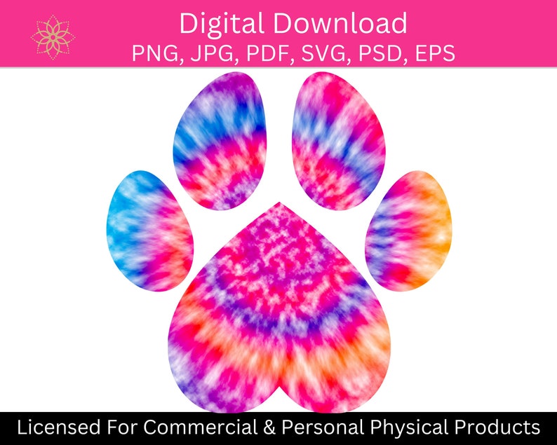 Tie Dye Paw Prints SVG PNG JPG Bundle, Rainbow Paw Prints Clipart