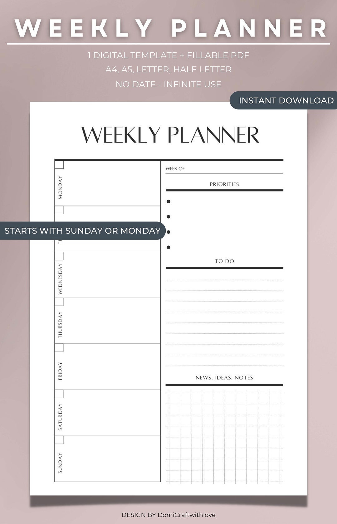 WEEKLY PLANNER, No Date Weekly Schedule, Weekly Organizer, 1 Page, Pdf ...