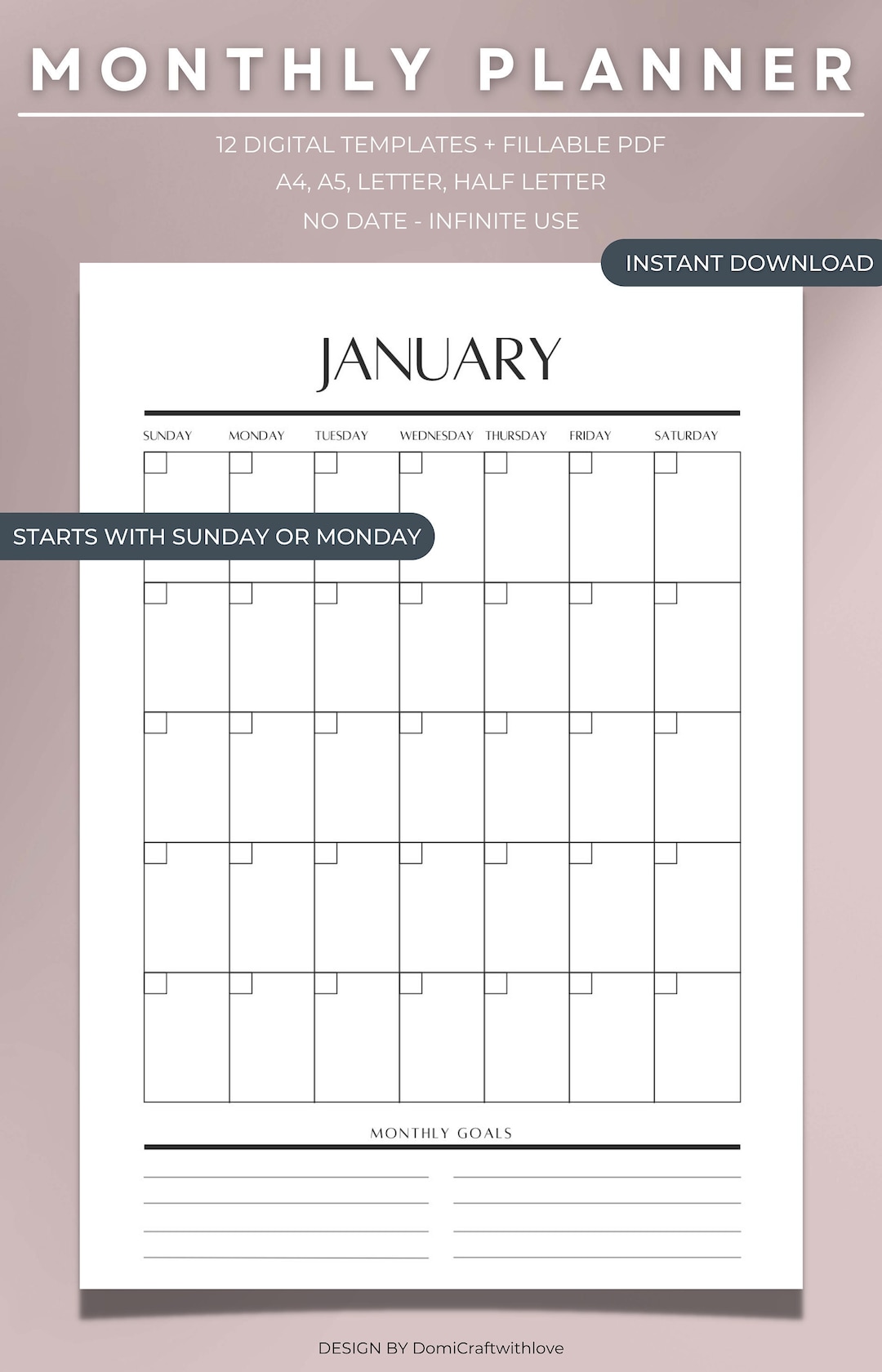 MONTHLY PLANNER, Printable, Minimalist Monthly Organizer, 12 Pages, Pdf, Instant Download, A5 ...
