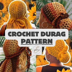 Op de afbeelding: Haak durag patroon met een close-up van een bruine, gele en oranje haak durag. De durag is om het hoofd van een persoon gebonden en gestyled in een knot. De tekst "CROCHET DURAG PATTERN" staat in het midden van de afbeelding.