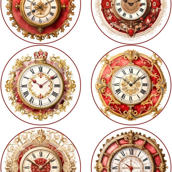 Red Clock faces, 3,35 Inch Circles, Digital Collage Sheet, Instant Download, Printable images for Decoupage, For clock ornaments