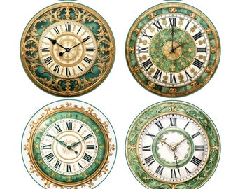 Green Clock faces, 3,2 Inch Circles, Digital Collage Sheet, Instant Download, Printable images for Decoupage, For clock ornaments