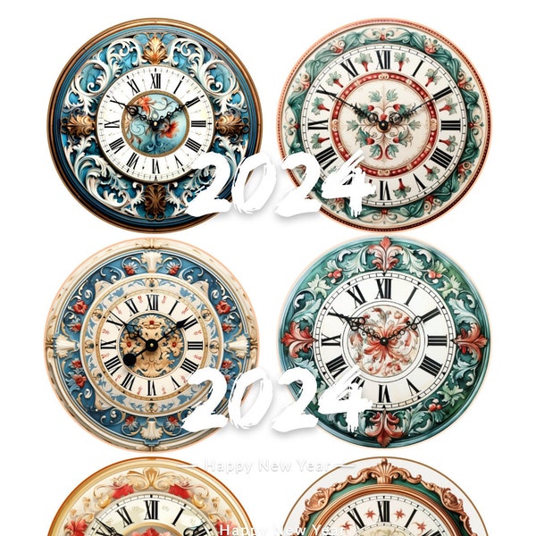 12 Folk Art Clock faces, 3,2 Inch Circles, Digital Collage Clock Face, Instant Download, Printable images for Decoupage, Face clock clipart