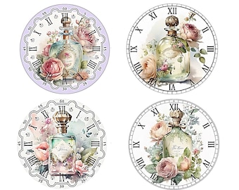 12 Clock faces with Parfum picture, 3,2 Inch Circles, Digital Collage sheets, Instant Download, Printable images for Decoupage,