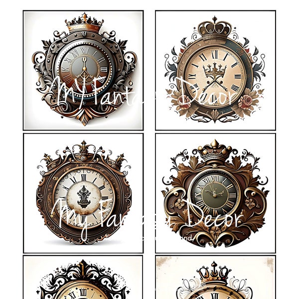 12 Vintage Clock faces, 3,2 Inch Circles, Digital Collage ATC cards, Instant Download, Printable images for Decoupage, For clock ornaments