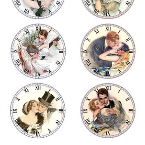 12 immagini di carte orologi baci. Quadranti di orologio di San Valentino. Fogli di collage di orologi retrò. PDF stampabile Download digitale istantaneo JPEG. Carte degli innamorati
