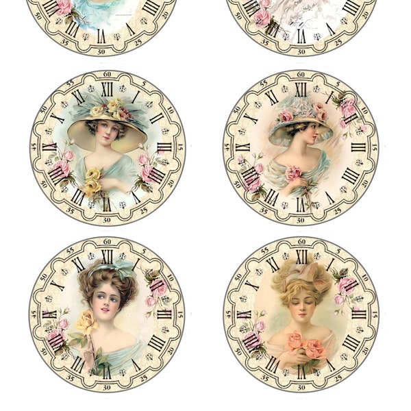 12 Vintage Clocks Ladies Portraits Card Images. Retro Clocks Collage Sheets. Printable PDF Instant Digital Download  JPEG