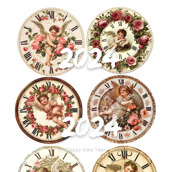 18 Vintage Angel Clock images. Valentine clock faces. Retro Clocks Collage Sheets. Printable PDF Instant Digital Download PNG, Angel clock