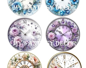 18 Floral Clock faces, 3,2 Inch Circles, Gold, Lavender, Blue, Instant Download, Printable images for Decoupage, Face clock clipart