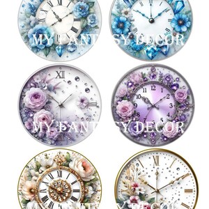 18 esferas de reloj florales, círculos de 8,2 cm, dorados, lavanda y azules. Descarga instantánea. Imágenes imprimibles para decoupage. Imágenes prediseñadas de esferas de reloj.