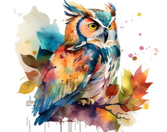 8 Royal Owl Digital Images, Watercolor Owls, Digital Download, Watercolor Print, PRINTABLE Digital Art