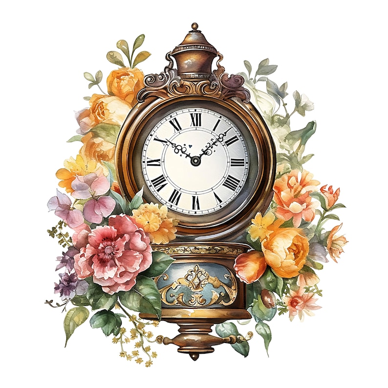 12 Floral Vintage Clock Clipart Digital Scrapbook Picture Etsy