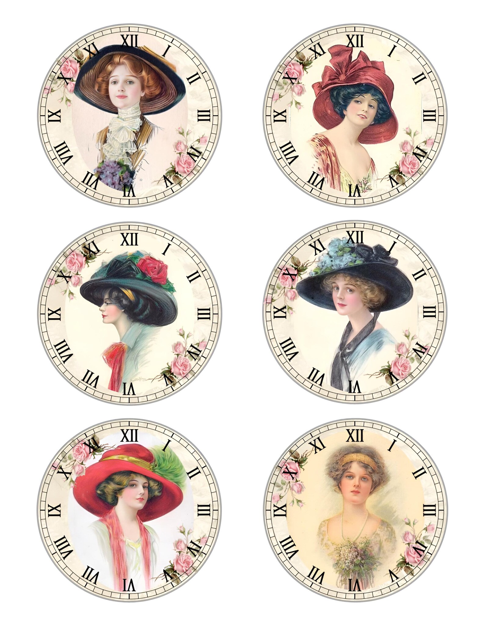12 Vintage Clocks Ladies Portraits Card Images. Retro Clocks Collage Sheets. Printable PDF ...