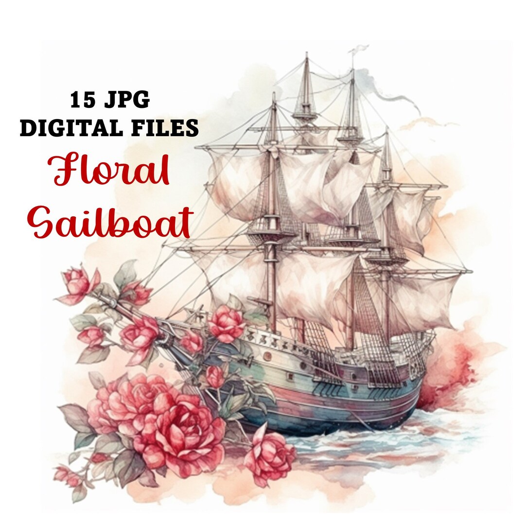 15 Watercolor Floral Vintage Sailboat JPG Format, Instant Download ...