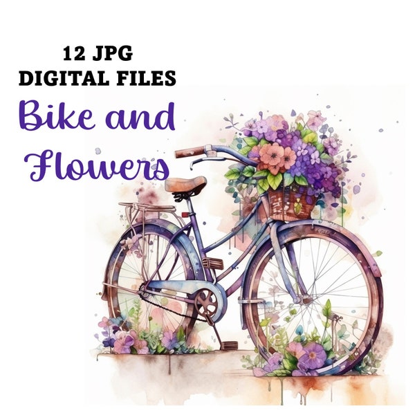 12 Vintage Floral Bike Digital Download, Floral Bike Art for Free Commercial Use, Bike ClipArt, Digital Download, PRINTABLE Digital