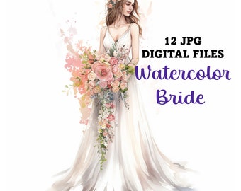 12 Hochzeitsbraut Digitaler Download, Hochzeitskunst für kostenlose kommerzielle Nutzung, Braut ClipArt, DRUCKBARE Hochzeitskarten, 12 hochwertige Brautkunst