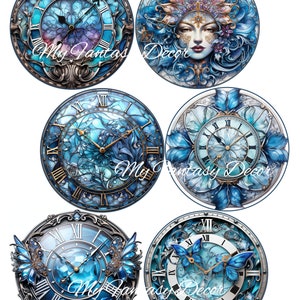 12 cadrans bleu féerique PNG, cercles de 3,2 pouces, feuille de collage numérique, téléchargement immédiat, découpage, fabrication de cartes, horloge visage bleu