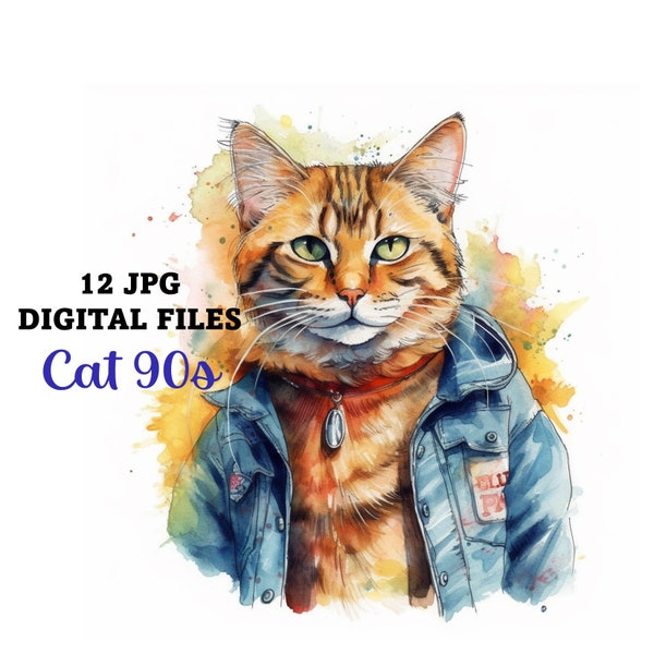 12 Cat 90s Digital Images, Cat ClipArt, Digital Paper Craft , Pets Print, PRINTABLE Digital Art, cat lovers, Card Making, Mixed Media