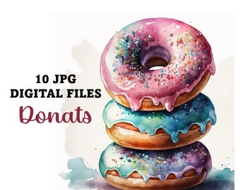 10 Donuts Digital Images for free commercial use, Watercolor Donuts ClipArt,  10 Donuts illustration, Digital Download, Donuts  Art