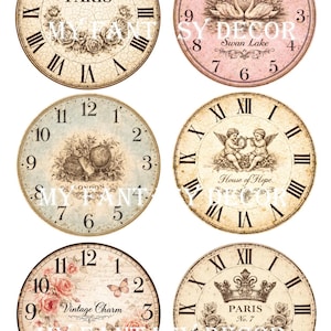 12 esferas de reloj vintage estilo shabby chic, círculos de 3,3 pulgadas, esfera de reloj digital tipo collage, descarga instantánea, imágenes imprimibles para decoupage.
