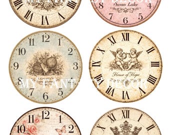 12 Vintage Shabby Chic Clock faces, 3,3 Inch Circles, Digital Collage Clock Face, Instant Download, Printable images for Decoupage