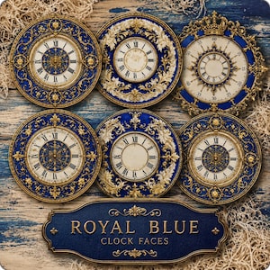 May include: Six circular clock faces featuring royal blue and gold ornate patterns with Roman numerals. A rectangular sign at the bottom displays the text ROYAL BLUE CLOCK FACES in gold lettering against a dark blue background with gold accents.
