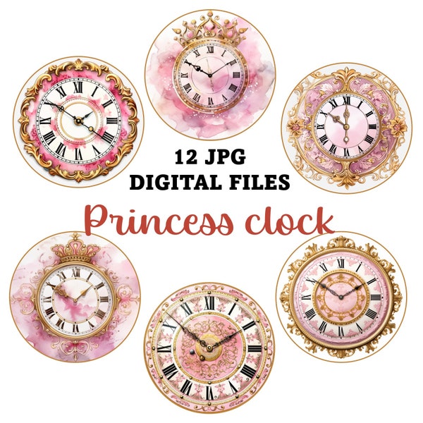 12 JPG pink Princess Clock faces, 3,2 Inch Circles, Digital Collage Sheet, Instant Download, Decoupage, Cardmaking, Barbie Face clock Art