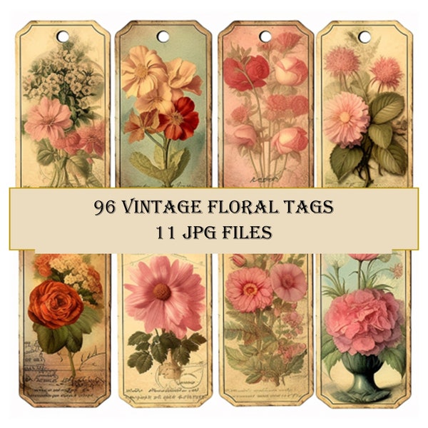 11 JPG Files With 96 Vintage Floral TAGS for Free Commercial Use, Junk Journal Tags, Shabby Chic, Floral, Digital Tags, Printable Ephemera.