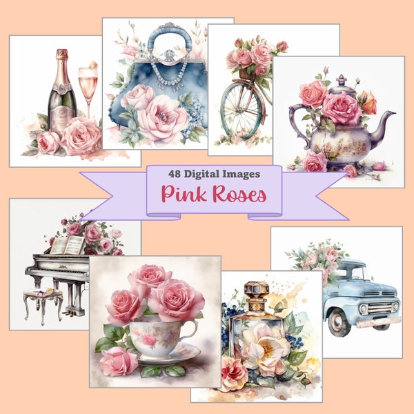 48 images vintage avec des roses, téléchargement immédiat, illustration au format JPG, images imprimables d'art d'horloge, articles vintage et roses Clipart