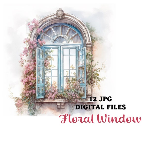 12 JPG Floral Windows Digital Download, Floral Window Art for Free Commercial Use, Vintage Window ClipArt, Digital Download, Decoupage print