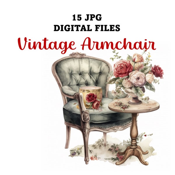 15 Watercolor Vintage Armchair, Digital Collage ATC cards, Instant Download, Printable Vintage Art images, Armchairs and flowers Clipart